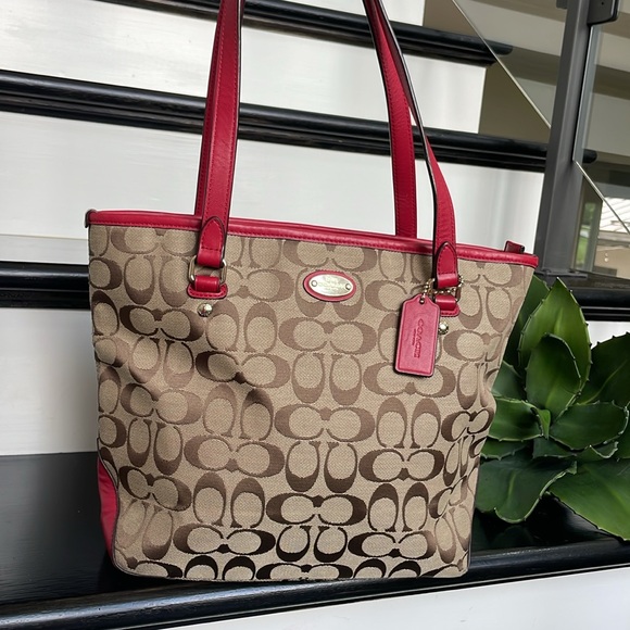 Coach Handbags - Coach, genuine, leather signature canvas, shoulder handbag, tote purse, like new